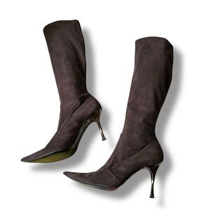 Casadei Blade Knee High Brown Suede Pointed Toe Stiletto Boots Size 8.5